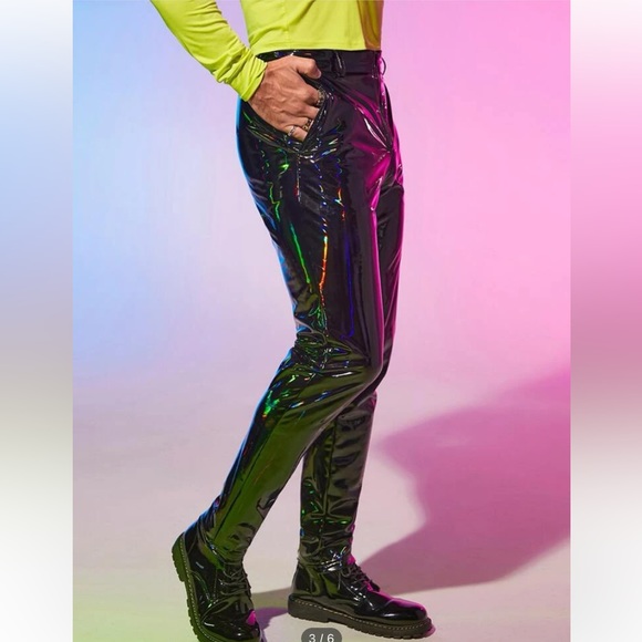 Men’s holographic zipper fly PU leather pants - Picture 4 of 10